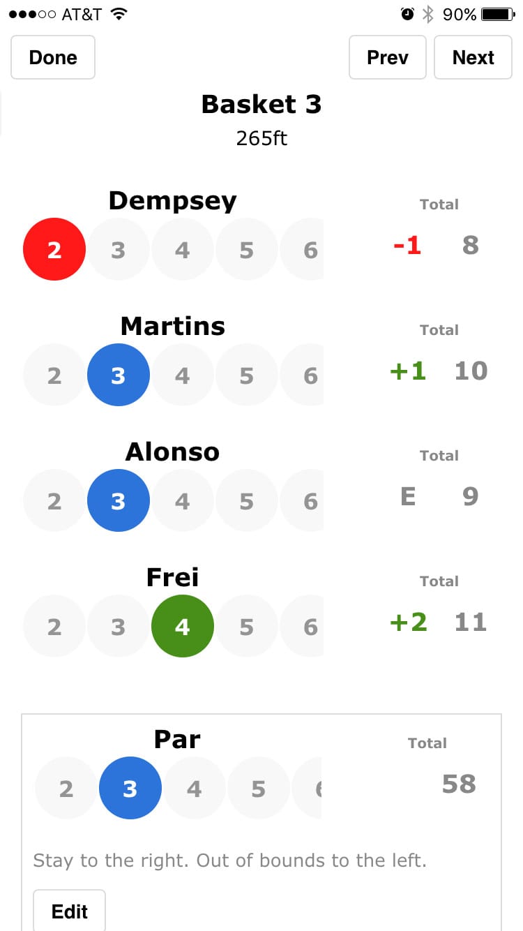 Disc Golf ScoreCard screenshot of scoring screen