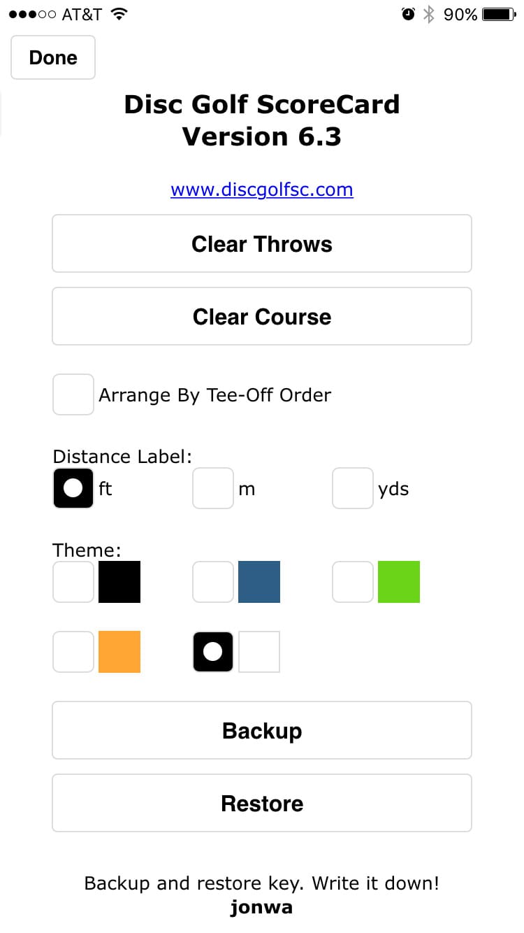 Disc Golf ScoreCard screenshot of settings screen
